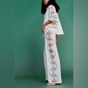 H&M PREMIUM SELECTION LINEN BLEND LACE INSET PANTS